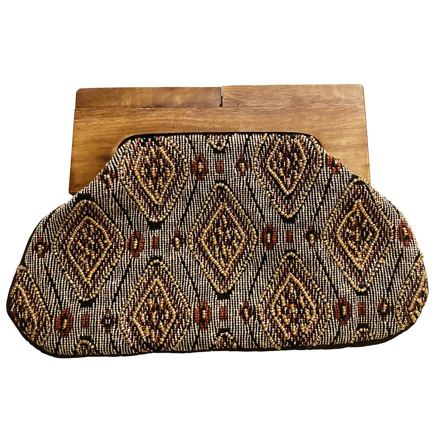Black Gold Beaded Clutch Bag with Wooden Handle