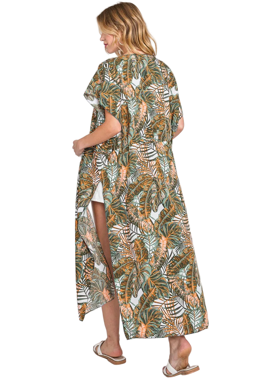 Tropical Leaves Print Self-Tie Kimono