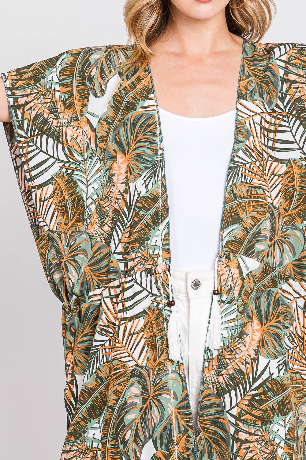 Tropical Leaves Print Self-Tie Kimono