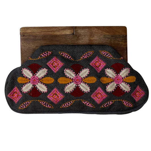 Charcoal Clutch with Pink Flowers