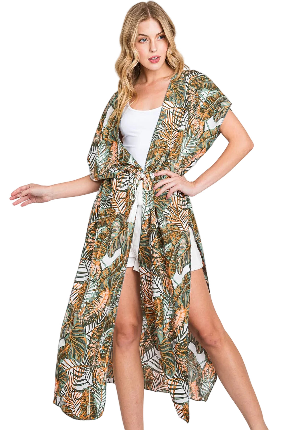 Tropical Leaves Print Self-Tie Kimono