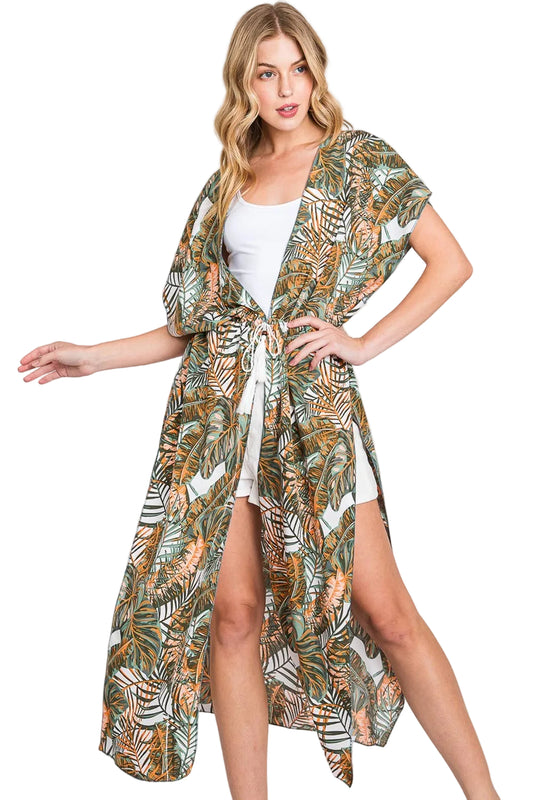 Tropical Leaves Print Self-Tie Kimono