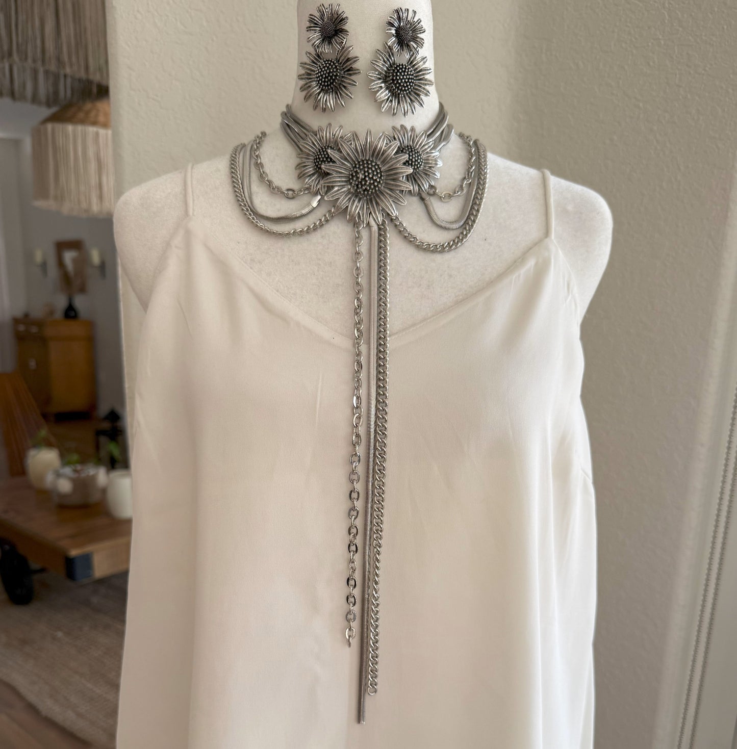 Flower Chain Chocker Necklace and Earrings