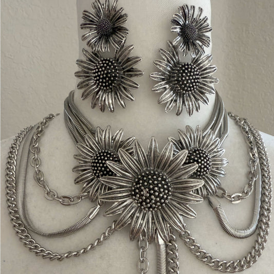 Flower Chain Chocker Necklace and Earrings