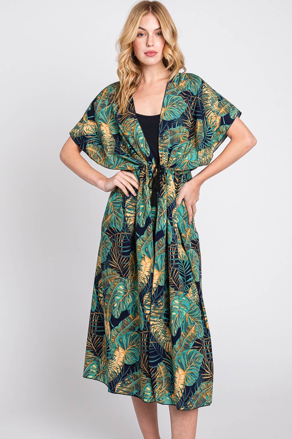 Tropical Leaves Print Self-Tie Kimono