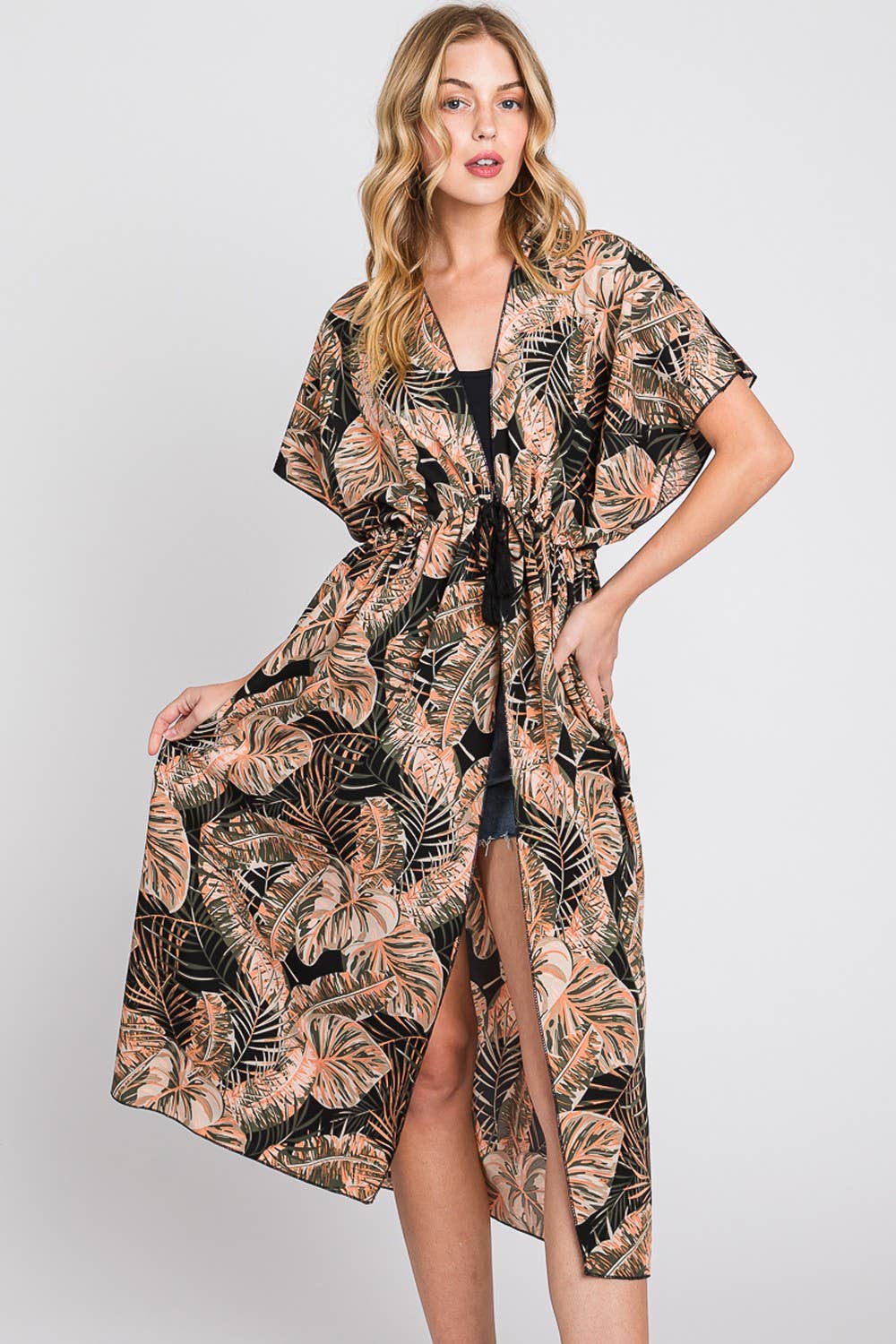 Tropical Leaves Print Self-Tie Kimono