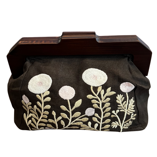 Embroidered Garden Cotton Wooden Handle Clutch Bag for Women
